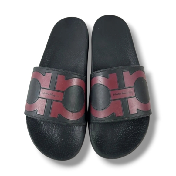 Men's FERRAGAMO Groove 2 Black and Maroon Gancini Pool Slide Sandals - Picture 4 of 10